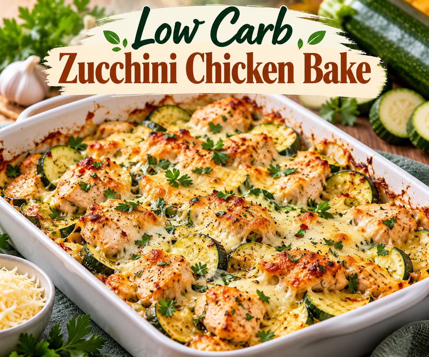Zucchini Chicken Bake with tender chicken, fresh zucchini, creamy cheese sauce, mozzarella, Parmesan, garlic, and herbs