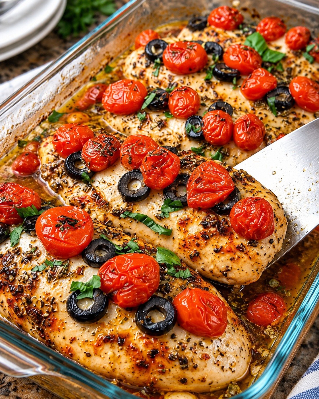 Mediterranean Baked Chicken with lemon, garlic, tomatoes, olives, feta, and fresh herbs