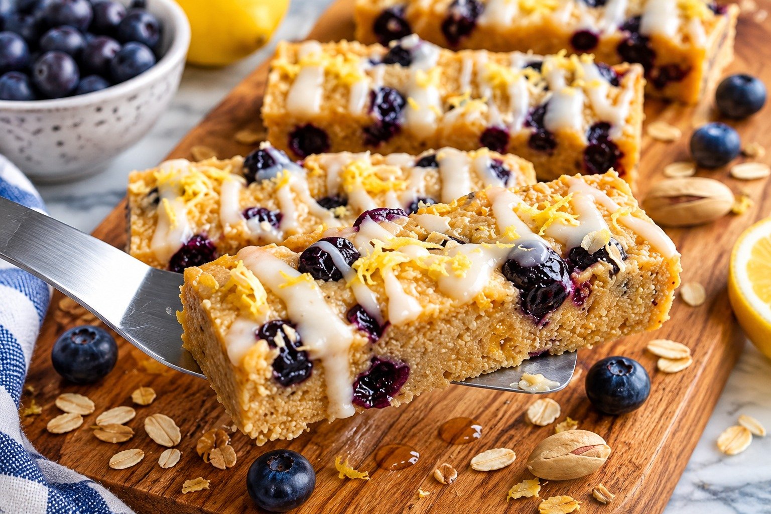 Blueberry Protein Bars with Greek yogurt, fresh blueberries, lemon, oats, almond flour, and a creamy yogurt topping