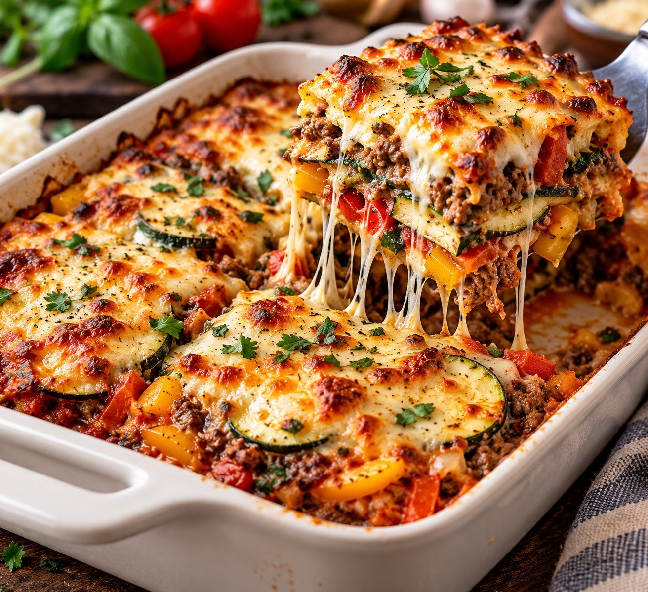 Beef Lasagna Casserole with ground beef, zucchini, eggplant, spinach, tomato sauce, ricotta, mozzarella, and herbs
