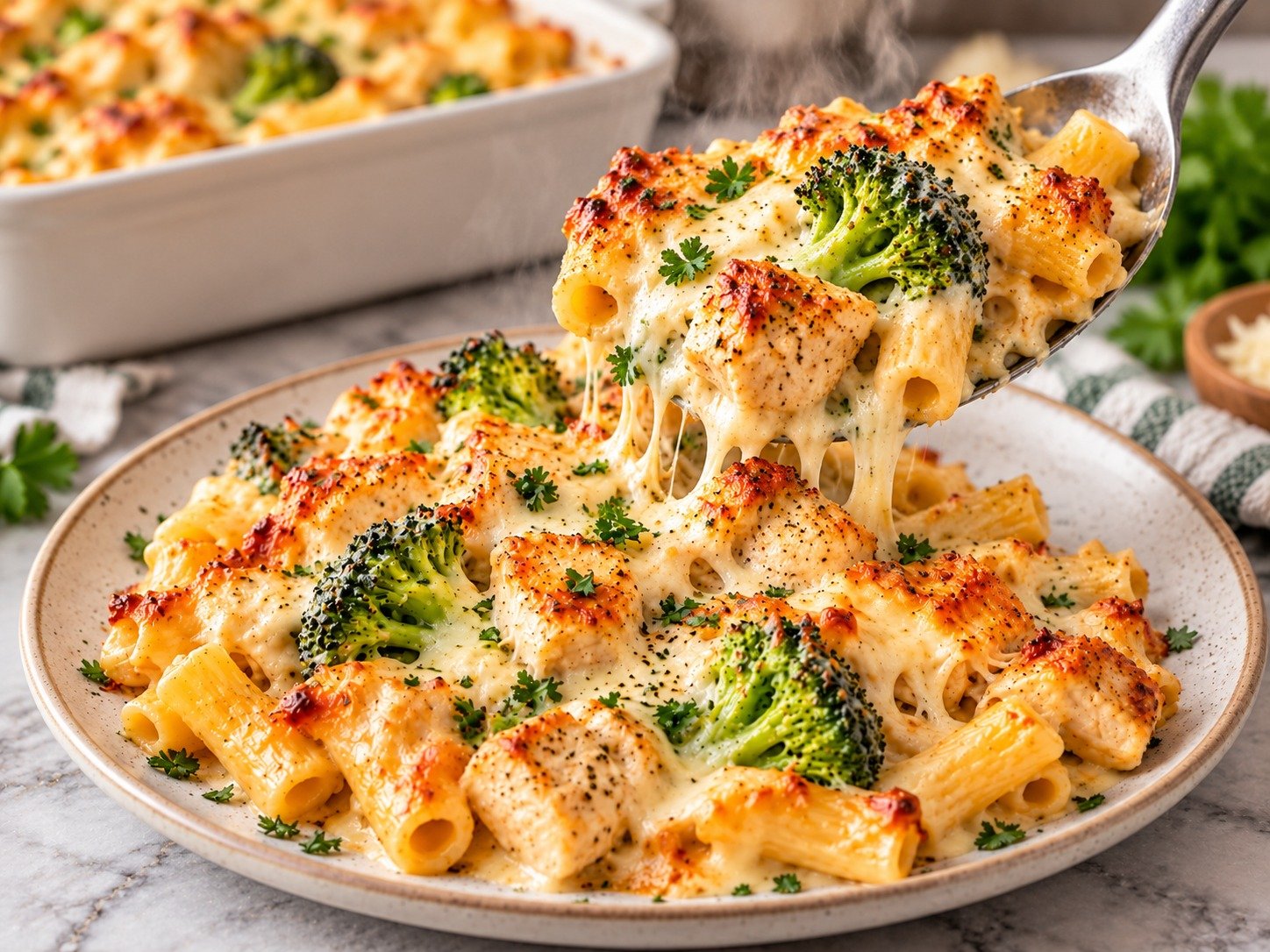 Chicken Broccoli Baked Ziti with tender chicken, broccoli, creamy garlic sauce, mozzarella, Parmesan, and baked pasta