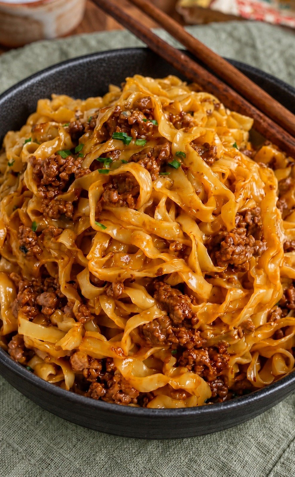 Mongolian Beef Noodles with ground beef, tender noodles, garlic, ginger, green onions, and glossy savory-sweet sauce