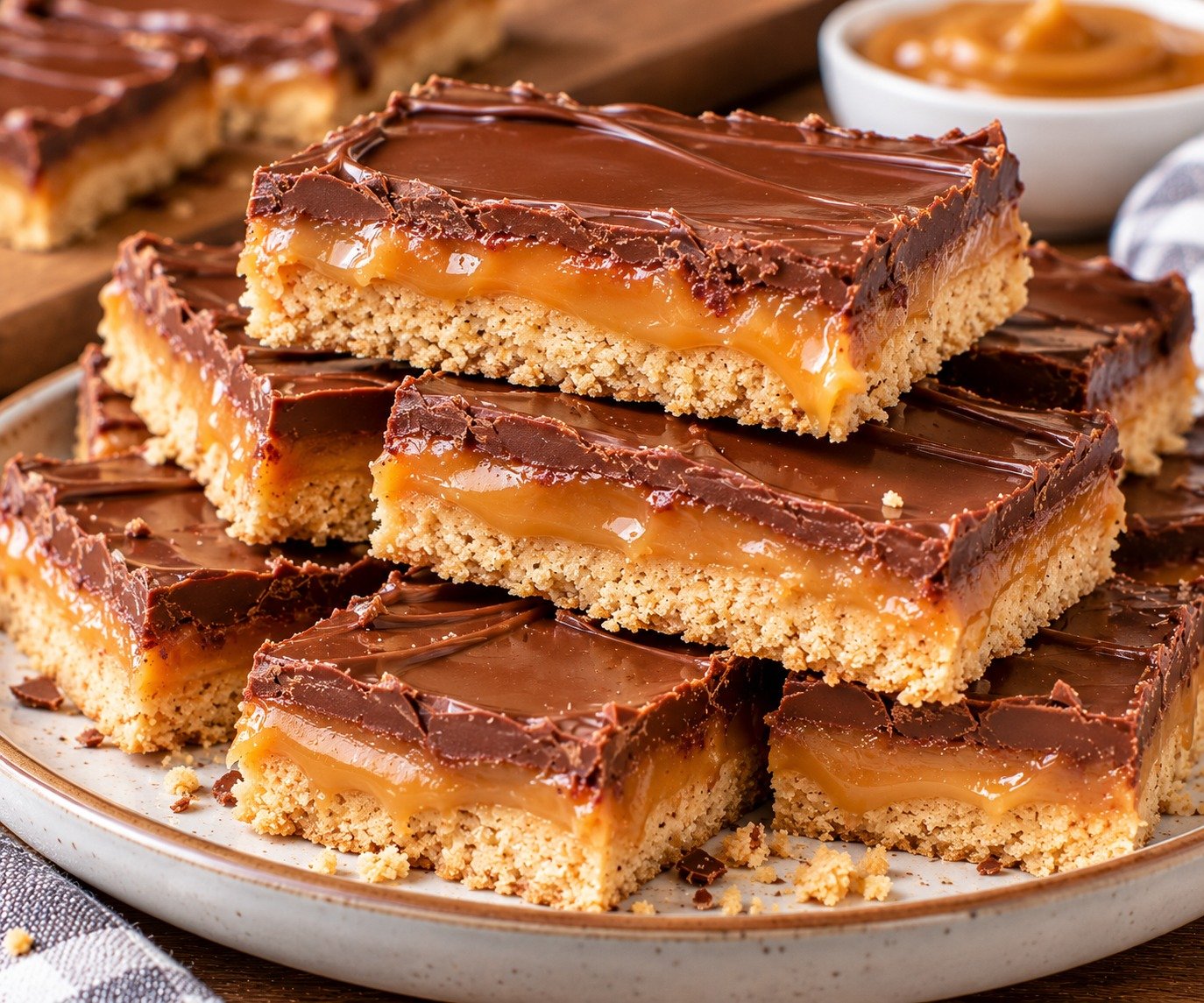 No Bake Twix Bars with buttery biscuit base, gooey caramel center, smooth chocolate topping, and flaky sea salt