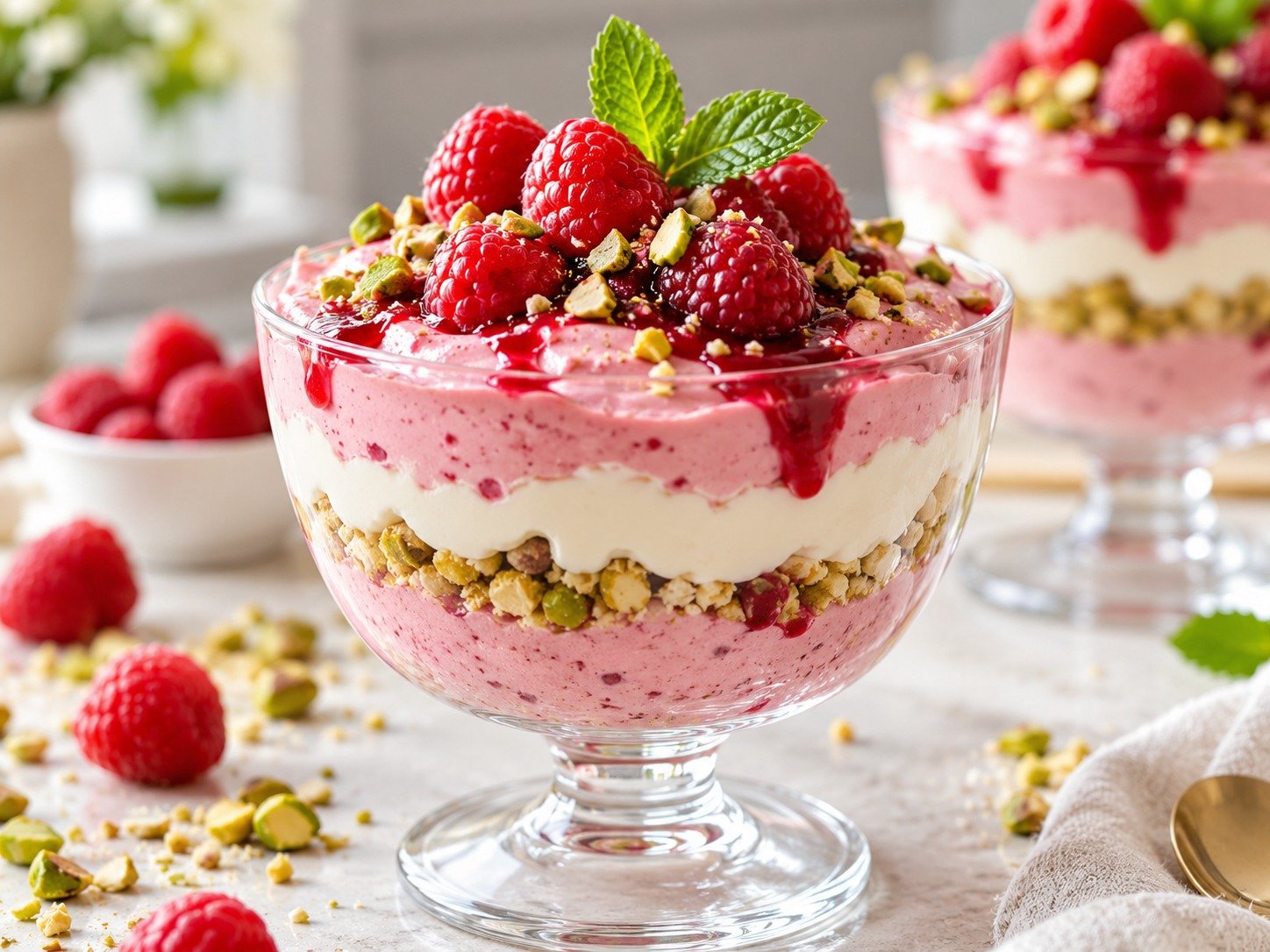 Raspberry Pistachio Cheesecake Parfait with creamy layers, raspberries, pistachios, and cookie crumbs