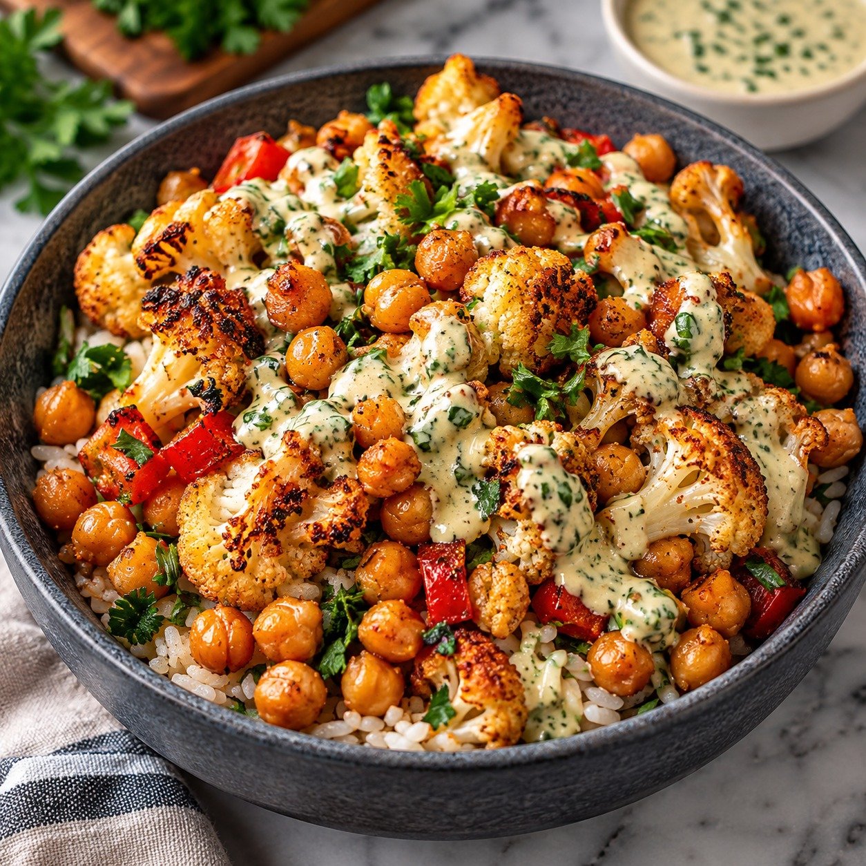 Cauliflower Chickpea Bowl with roasted cauliflower, crispy chickpeas, cucumber, tomatoes, greens, grains, and creamy herb-tahini dressing