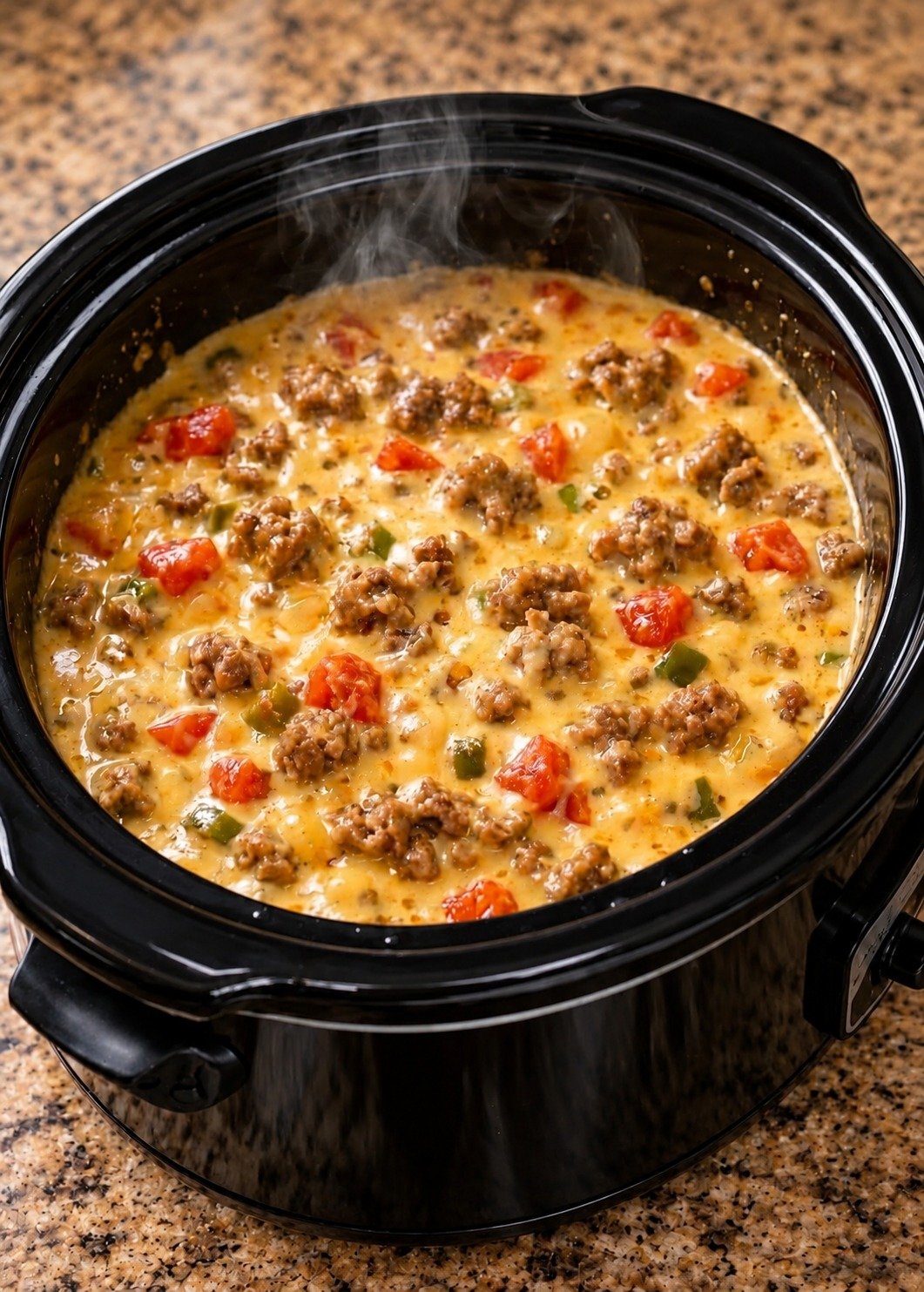 Sausage Dip with creamy cheese, savory sausage, tomatoes, green onions, and tortilla chips
