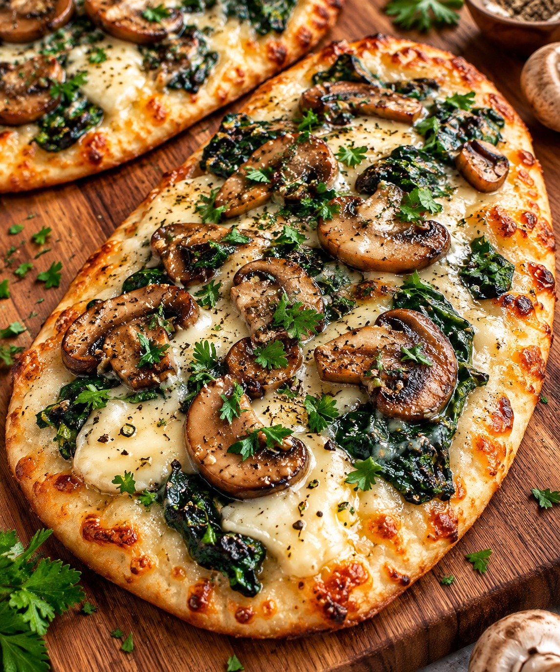 Brie Flatbread with spinach, mushrooms, creamy garlic sauce, Parmesan, herbs, and melted Brie cheese