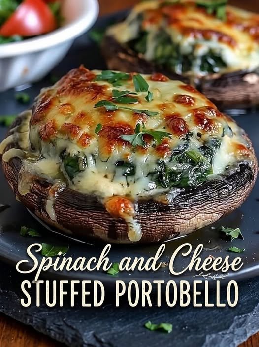 Stuffed Portobello with spinach, ricotta, mozzarella, Parmesan, garlic, herbs, and tender baked mushrooms