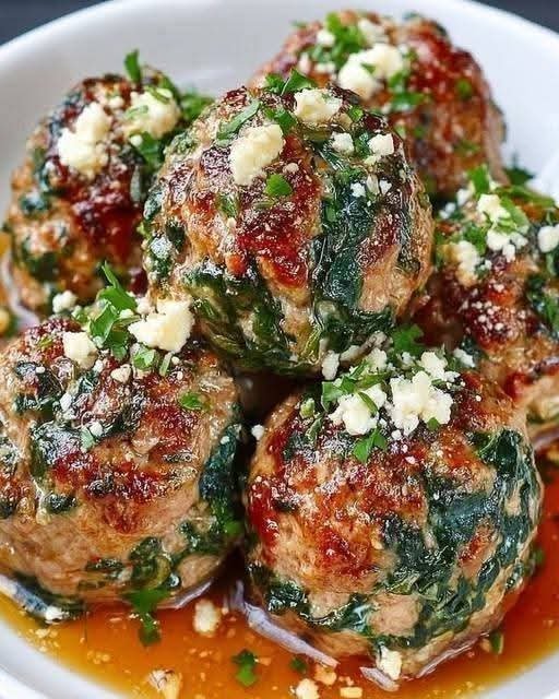 Turkey Feta Meatballs with spinach, feta, garlic, herbs, and fresh lemon