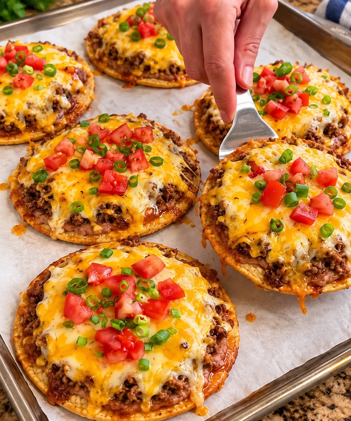 Mexican Pizza with crispy tortillas, seasoned ground beef, refried beans, tomatoes, taco sauce, and melted cheese