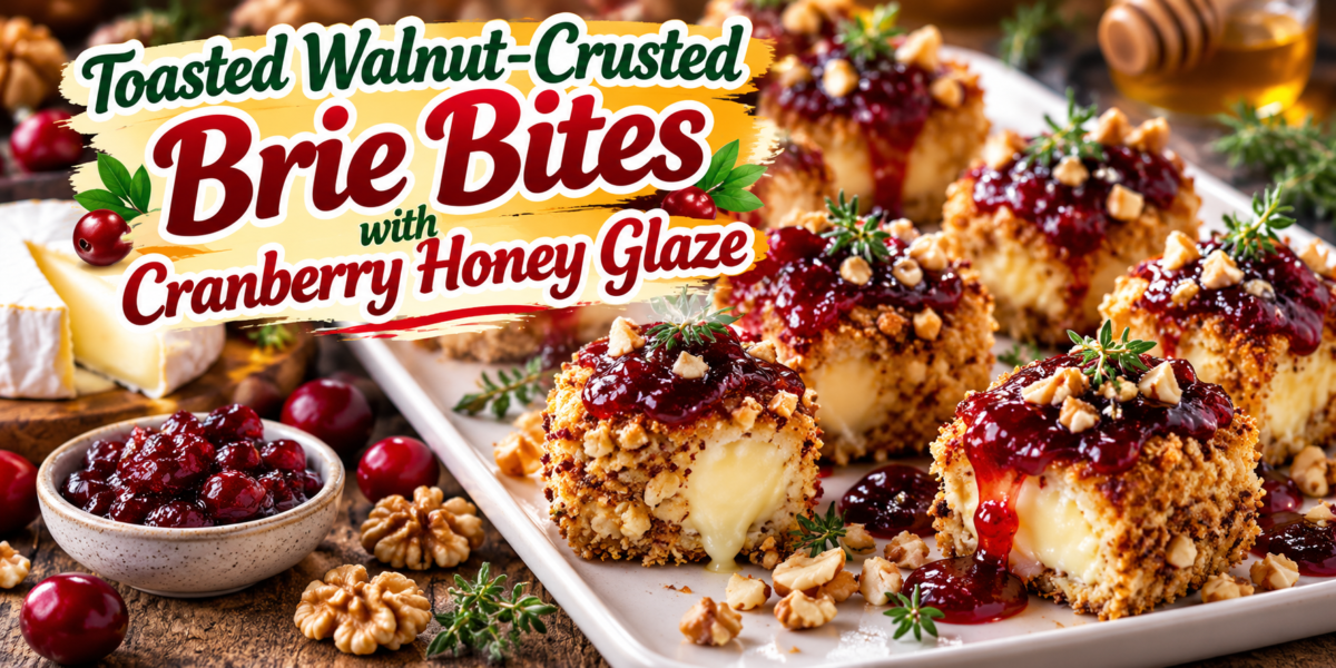 Brie Bites with toasted walnut crust, melted Brie cheese, cranberry honey glaze, and fresh thyme