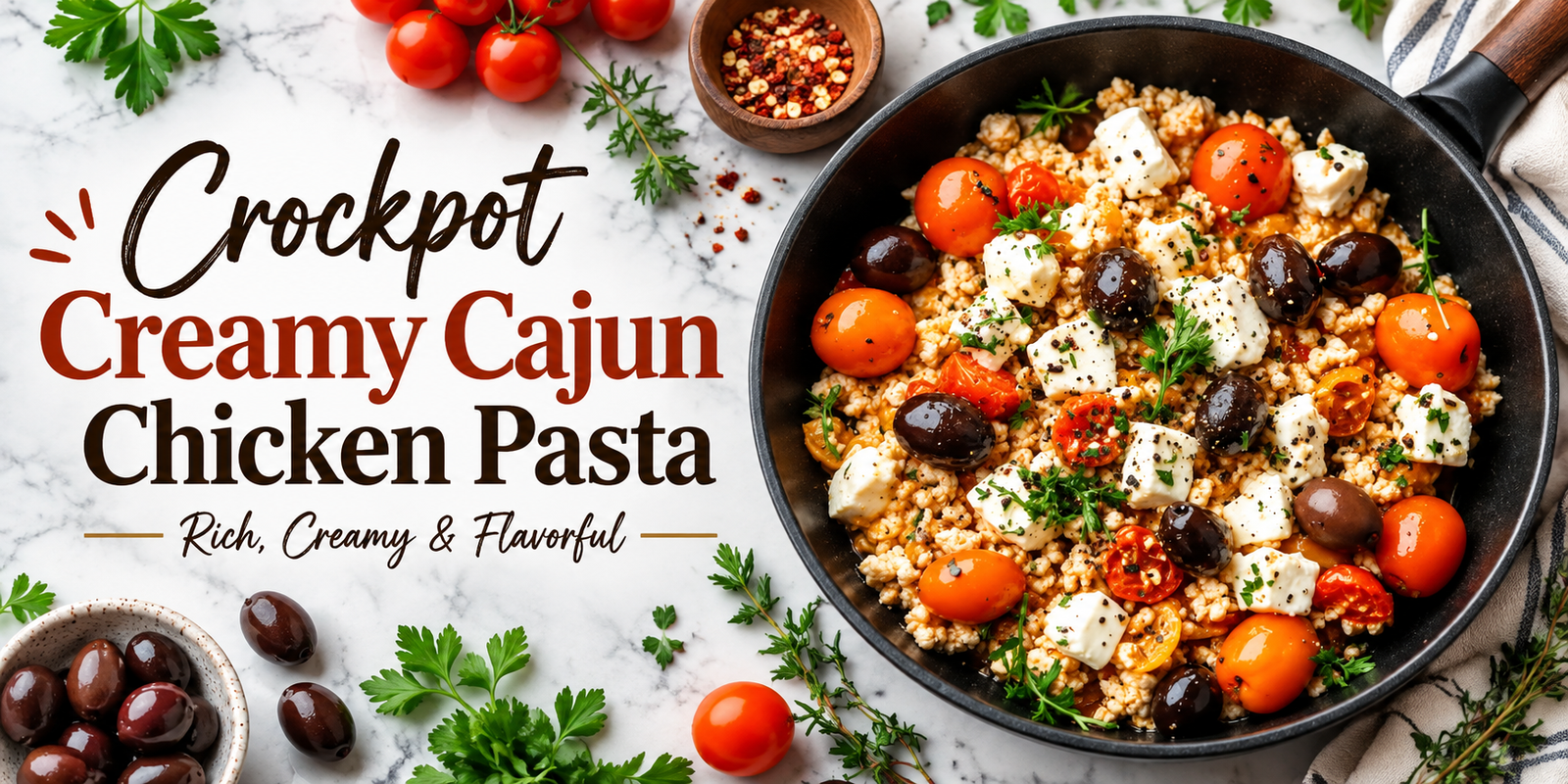 Crockpot Creamy Cajun Chicken Pasta served in a skillet with creamy chicken, cherry tomatoes, olives, cheese, and herbs