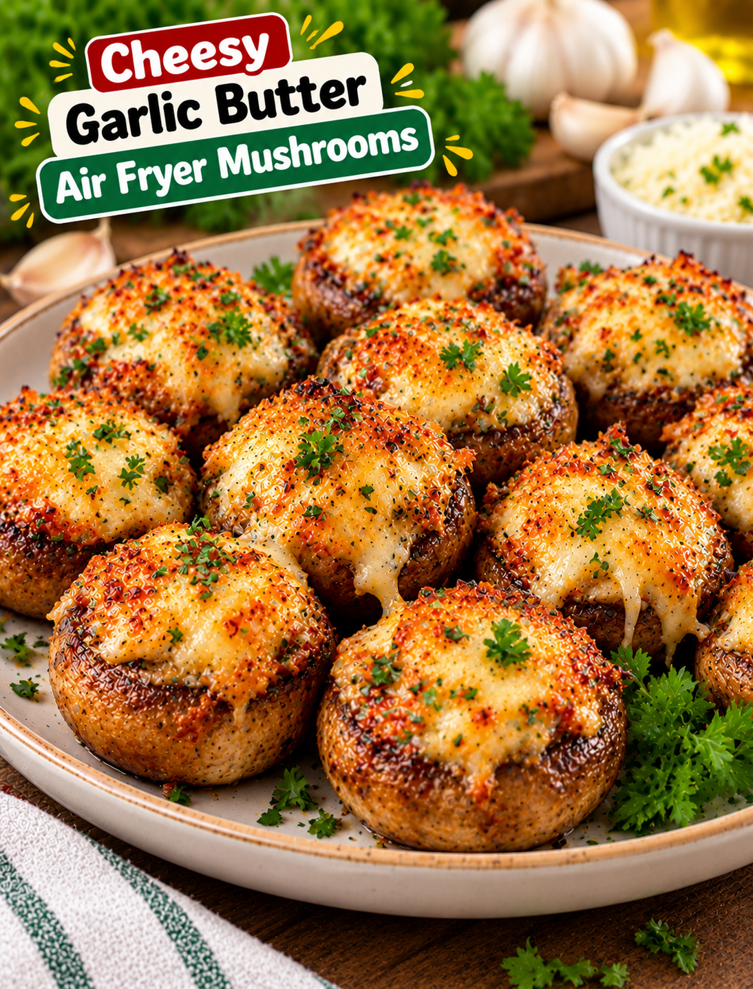Cheesy garlic butter air fryer mushrooms topped with melted mozzarella, golden Parmesan, and fresh parsley on a serving plate.