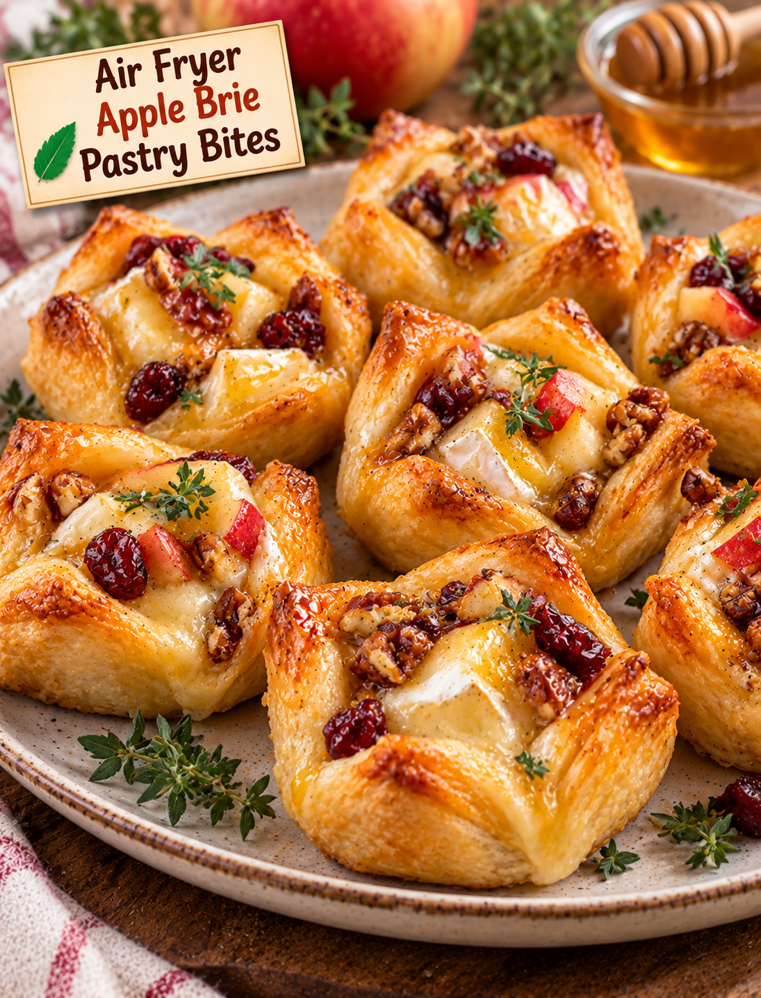 Air Fryer Apple Brie Pastry Bites with golden puff pastry, melted Brie, apples, honey, and pecans