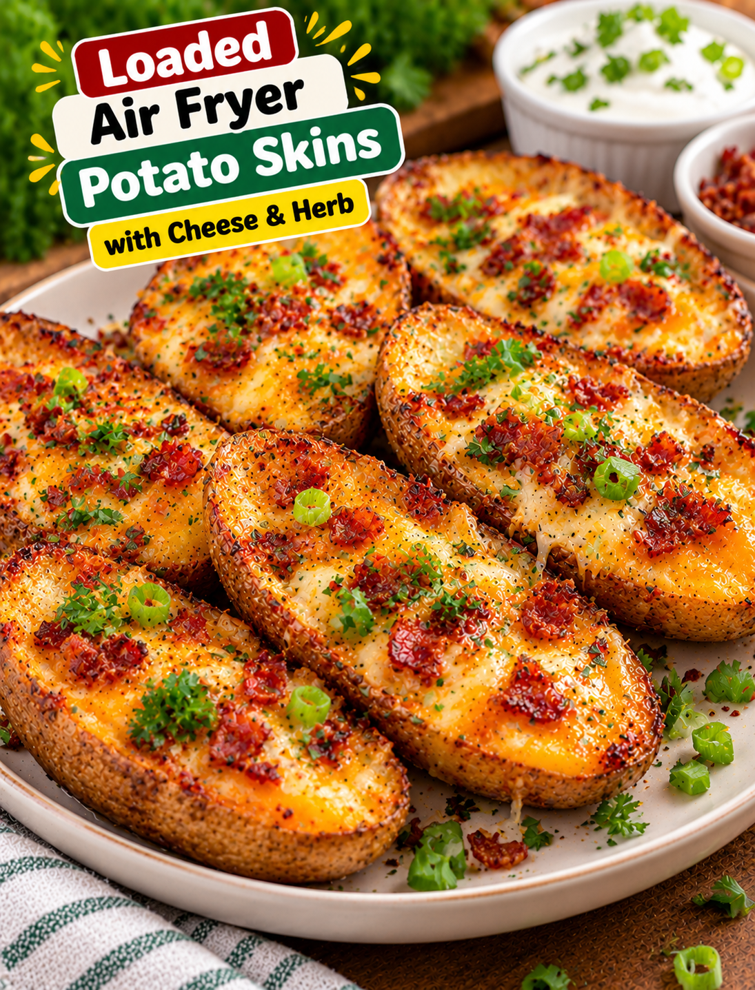 Loaded air fryer potato skins topped with melted cheddar cheese, fresh chives, and parsley on a serving plate.