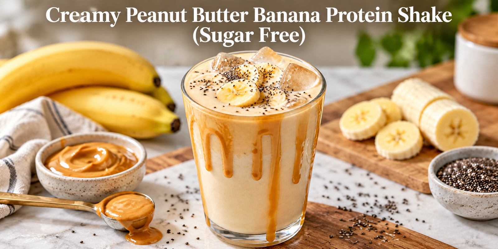 Creamy Peanut Butter Banana Protein Shake with banana slices, peanut butter and chia seeds
