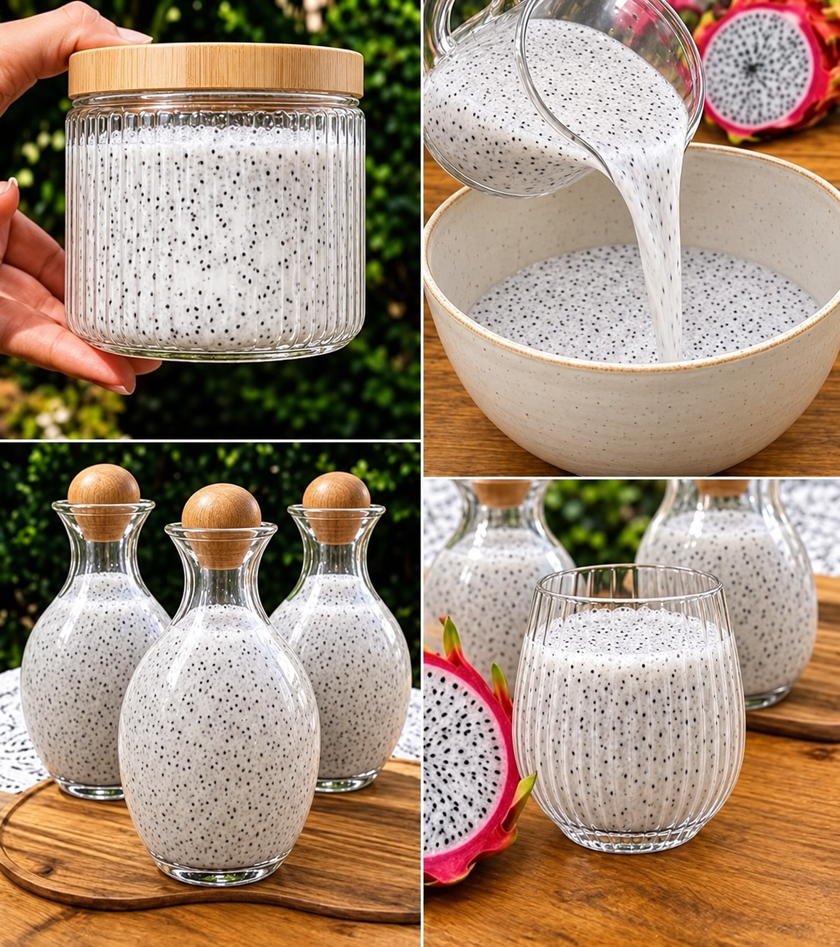 Creamy white dragon fruit chia drink in glass jars, carafes, and a ribbed glass beside sliced dragon fruit