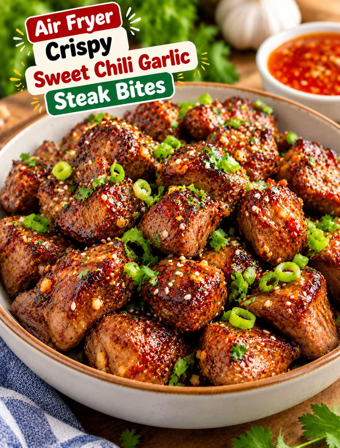 Air fryer sweet chili garlic steak bites coated in glossy sauce and garnished with sesame seeds and sliced green onions.