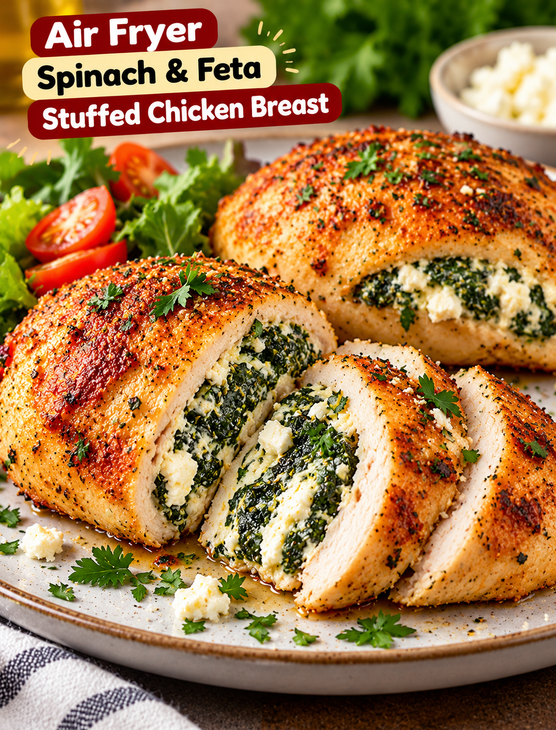 Air fryer spinach and feta stuffed chicken breast sliced open to reveal a creamy spinach, garlic, and feta cheese filling.