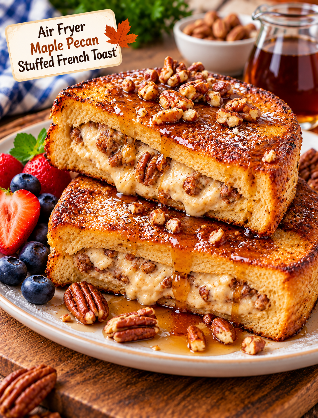 Air fryer maple pecan stuffed French toast with golden brioche, maple syrup, and chopped pecans