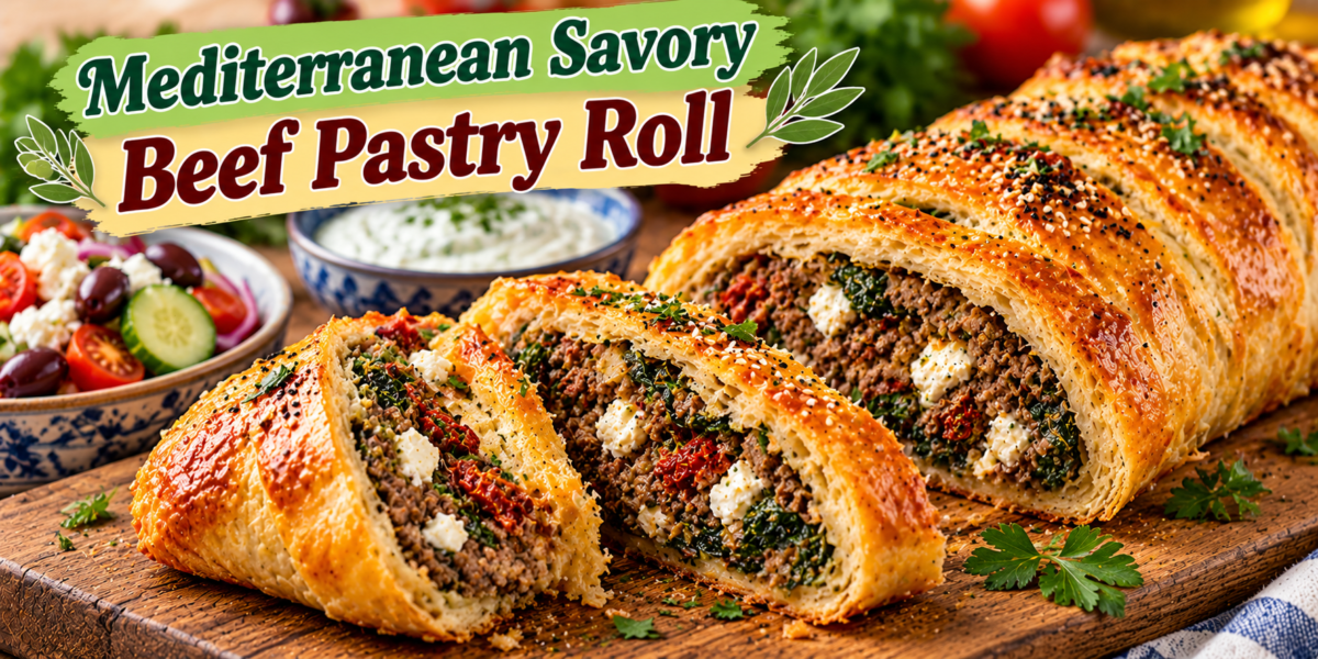 Beef Pastry Roll with seasoned ground beef, spinach, feta, herbs, garlic, and golden flaky puff pastry