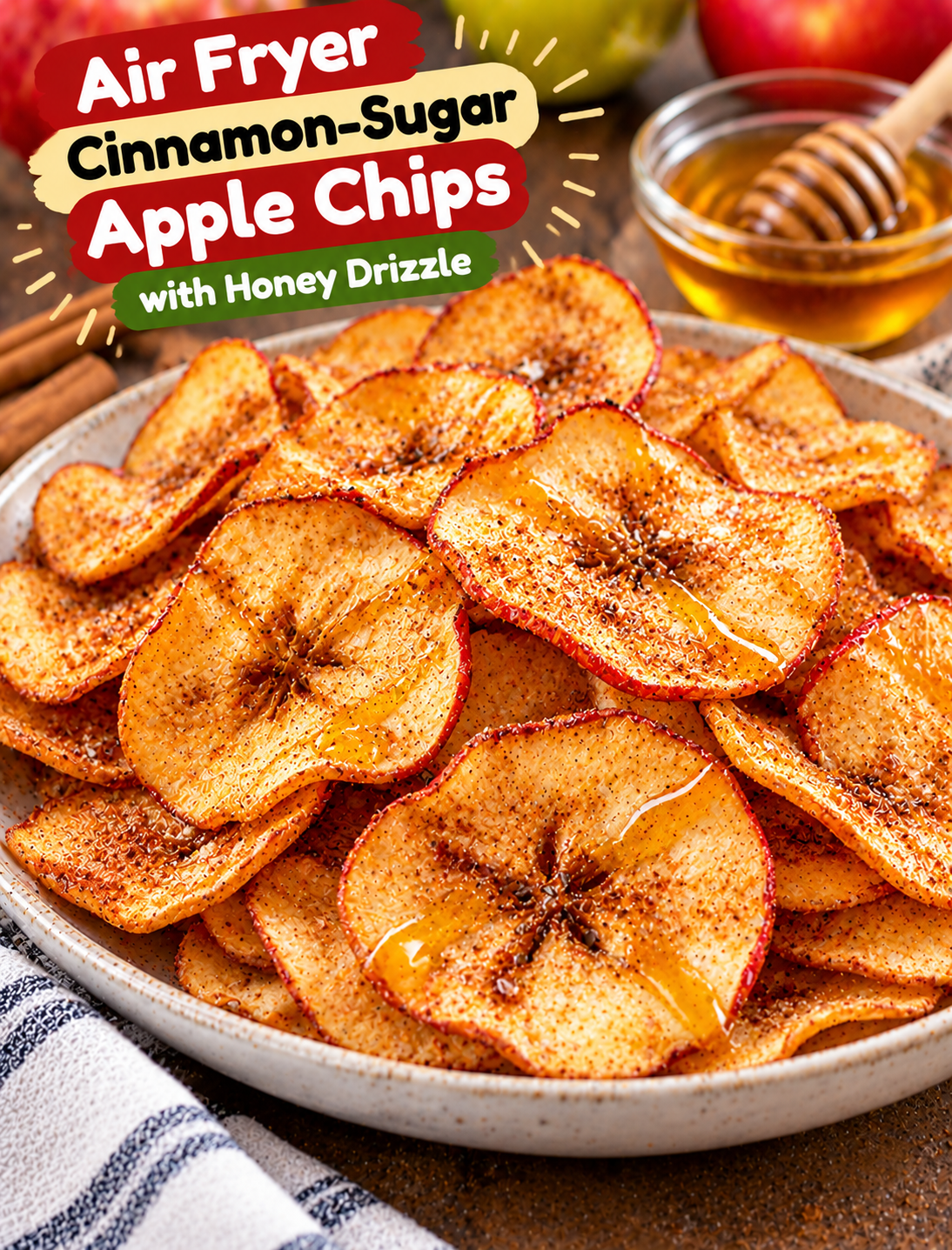 Air fryer cinnamon-sugar apple chips arranged on a plate with a light honey drizzle and a sprinkle of ground cinnamon.
