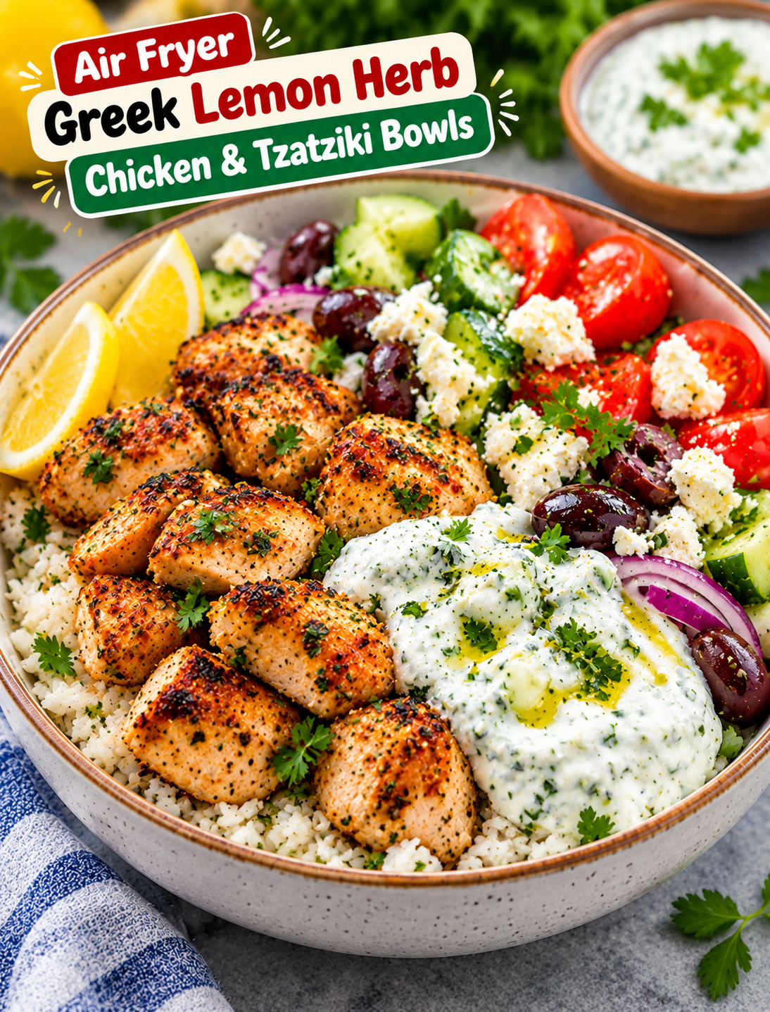 Air fryer Greek lemon herb chicken and tzatziki bowl with rice, cucumber, tomatoes, feta, olives, and fresh herbs