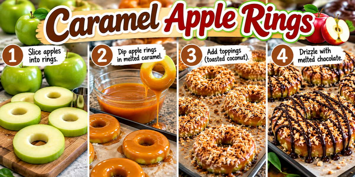 Caramel Apple Rings coated with caramel, toasted coconut, chopped nuts, and chocolate drizzle