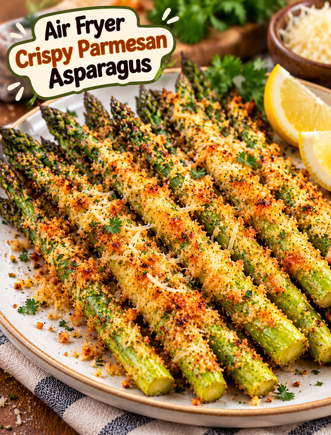 Air fryer crispy Parmesan asparagus with golden panko coating and fresh lemon