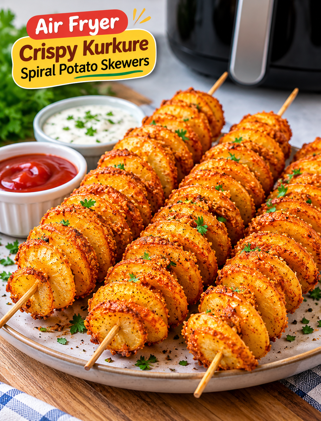 Air Fryer Crispy Kurkure Spiral Potato Skewers