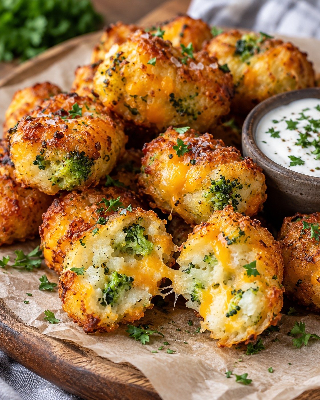 Broccoli Potato Tots with potatoes, broccoli, cheddar, Parmesan, breadcrumbs, herbs, and a crispy golden coating