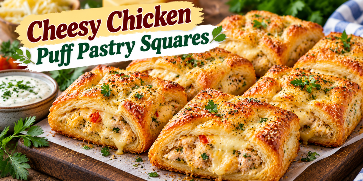 Chicken Puff Pastry squares with tender chicken, cream cheese, mozzarella, cheddar, herbs, and golden flaky pastry