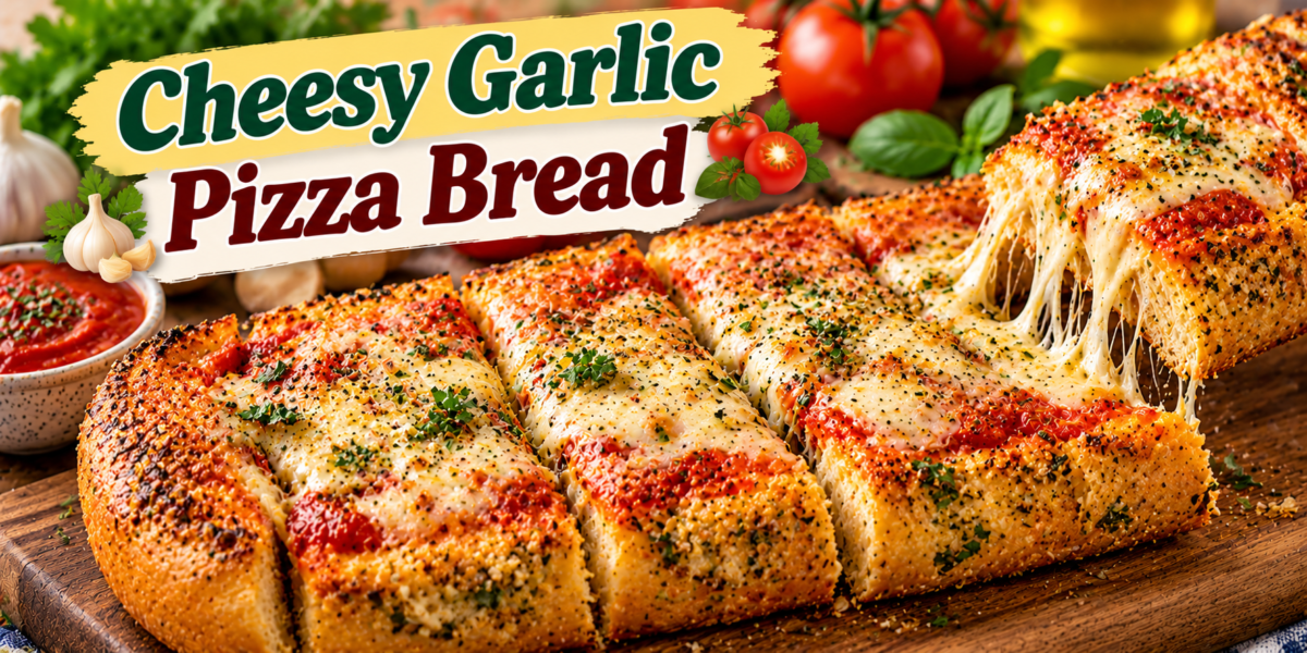 Cheesy Garlic Pizza Bread with garlic butter, pizza sauce, mozzarella, Parmesan, herbs, and crispy golden bread