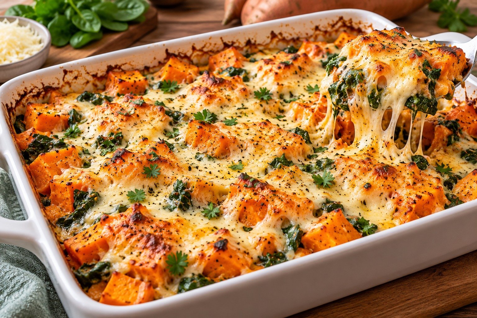 Sweet Potato Spinach Bake with tender sweet potatoes, spinach, ricotta, mozzarella, cheddar, and golden melted cheese