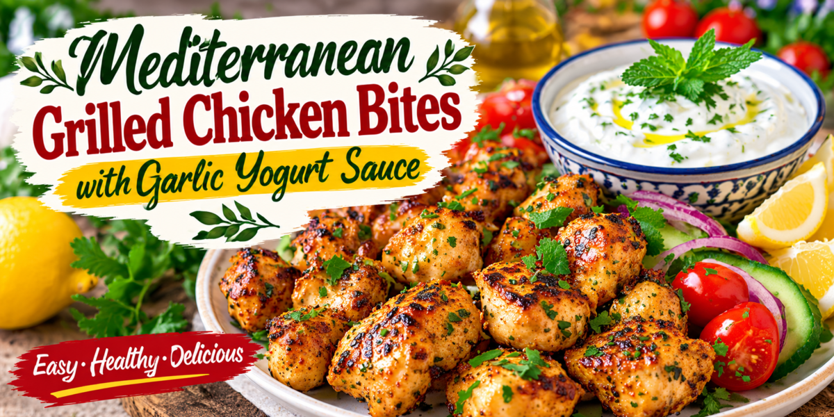 Mediterranean Grilled Chicken Bites with garlic yogurt sauce, lemon, herbs, cucumber, and tomatoes