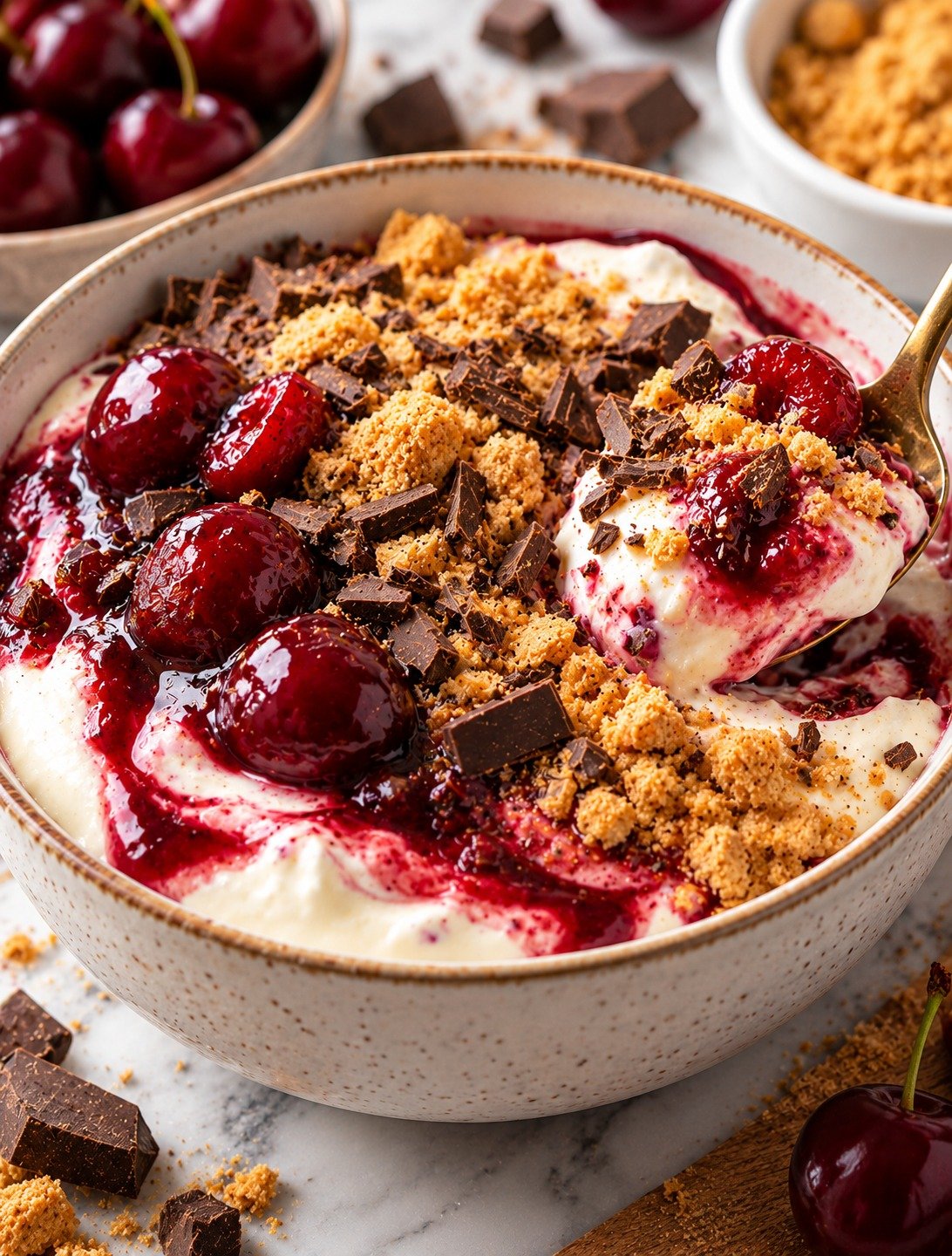 Cherry Cheesecake Bowl with Greek yogurt, cherries, cocoa, cream cheese, dark chocolate, graham crumbs, and chopped nuts