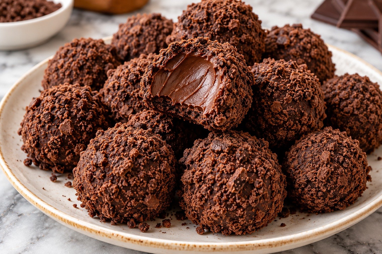 Chocolate Crumb Truffles with chocolate cookie crumbs, cream cheese, melted chocolate coating, and assorted toppings