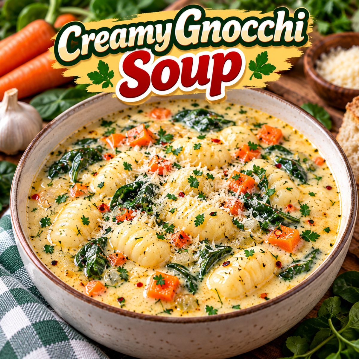 Gnocchi Soup with creamy broth, potato gnocchi, spinach, carrots, herbs, and Parmesan