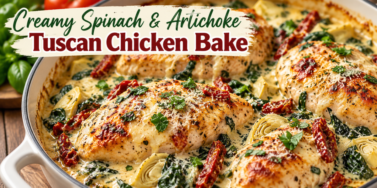 Creamy Tuscan Chicken Bake with spinach, artichokes, sun-dried tomatoes, Parmesan, and tender baked chicken