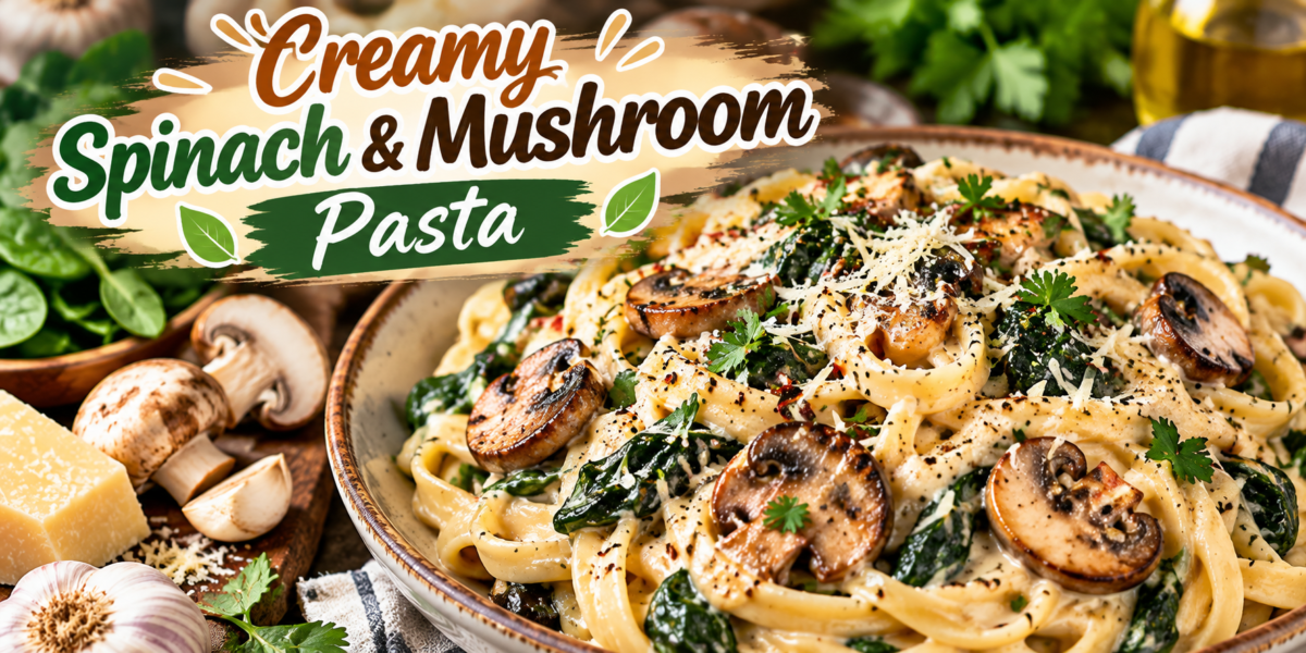 Creamy spinach mushroom pasta with sautéed mushrooms, fresh spinach, Parmesan cheese, and herbs