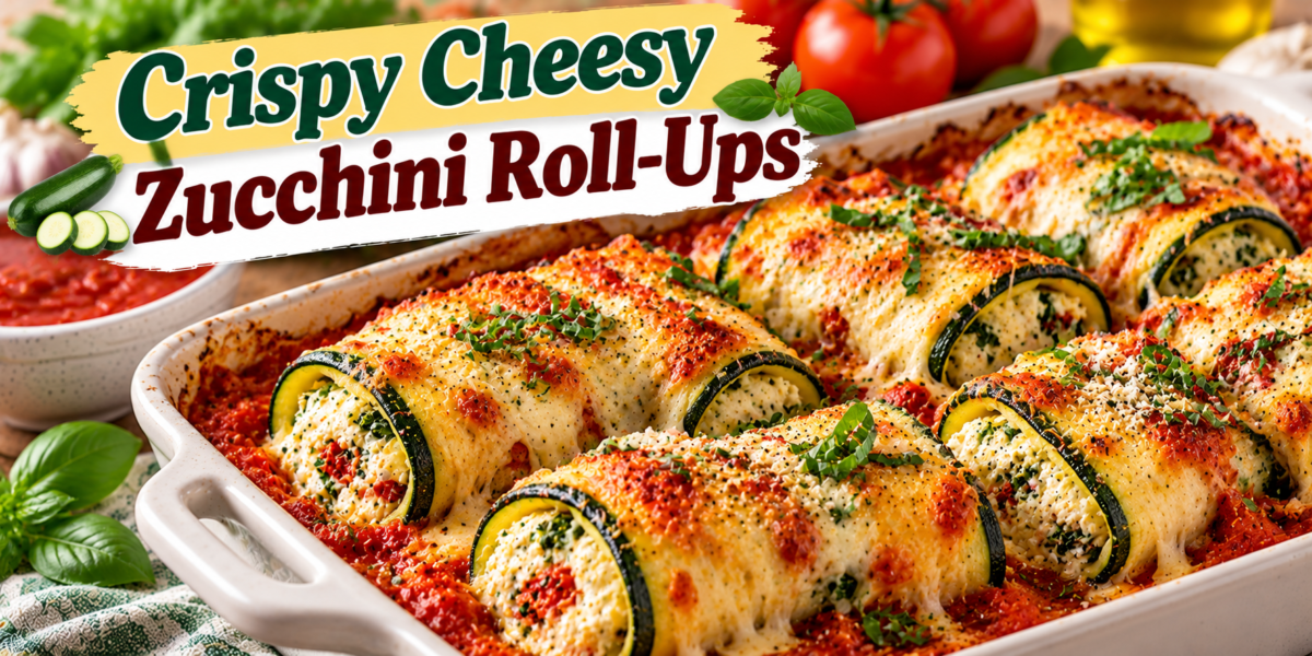 Zucchini Roll-Ups with ricotta, mozzarella, Parmesan, garlic, herbs, marinara sauce, and crispy golden edges