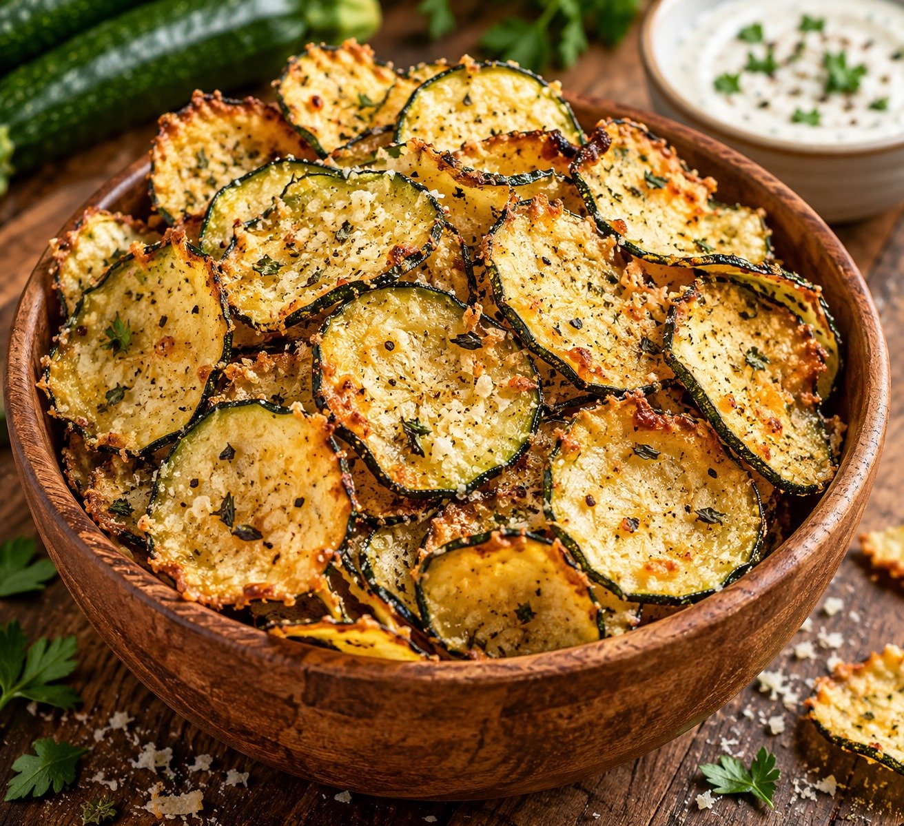 Parmesan Zucchini Chips with fresh zucchini, Parmesan, panko breadcrumbs, garlic, herbs, and crispy golden edges