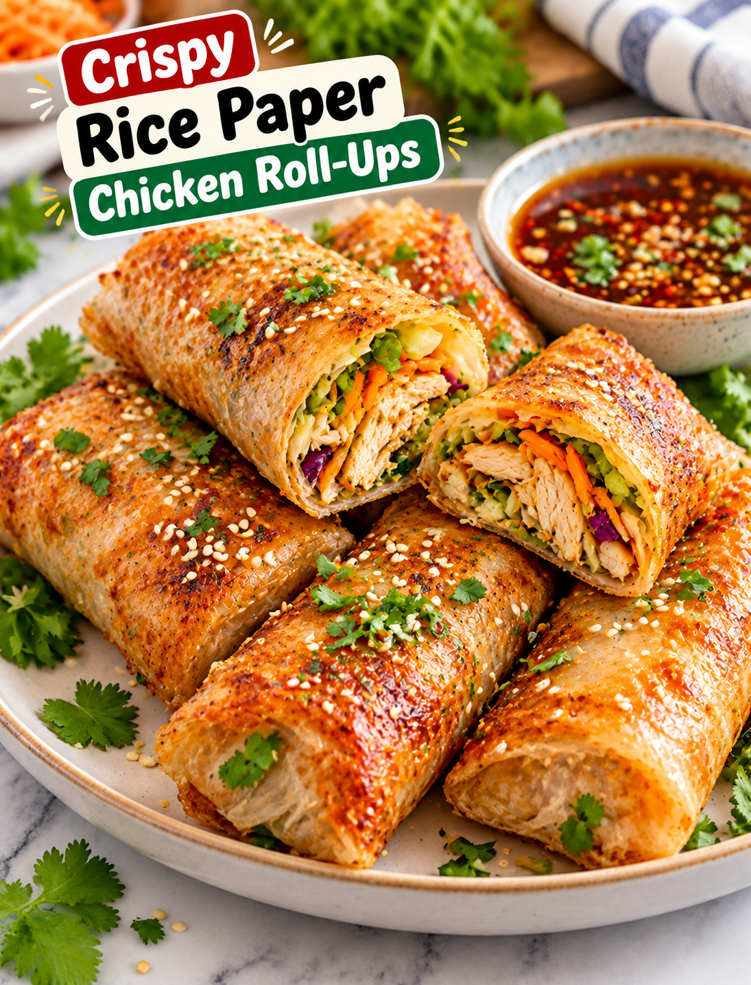 Crispy rice paper chicken roll-ups filled with seasoned chicken and vegetables, served with dipping sauce