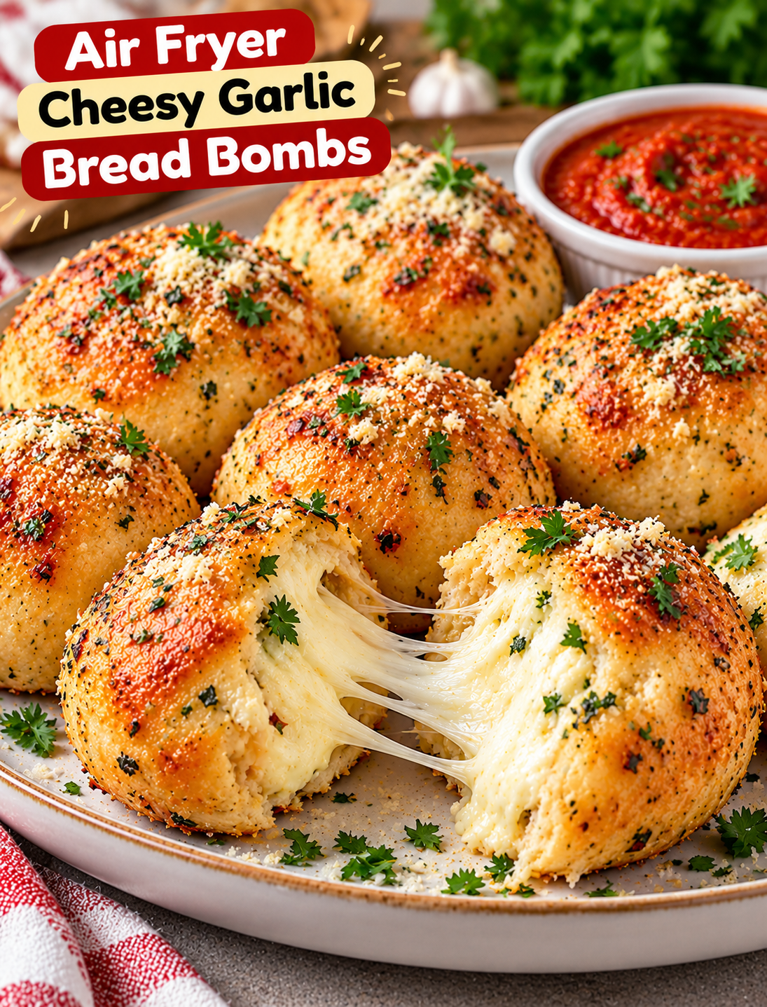 Air fryer cheesy garlic bread bombs with golden crusts, melted mozzarella centers, garlic butter, Parmesan, and marinara dipping sauce.