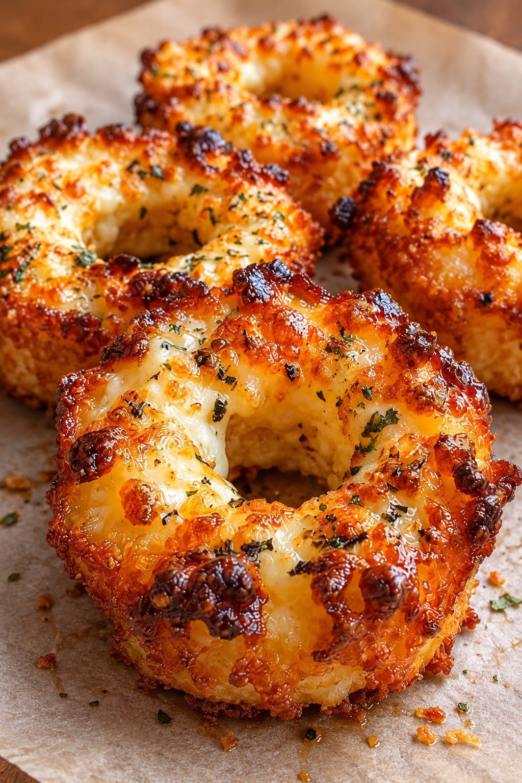 Crispy Cottage Cheese Parmesan Rings baked until golden brown and served with creamy garlic dipping sauce