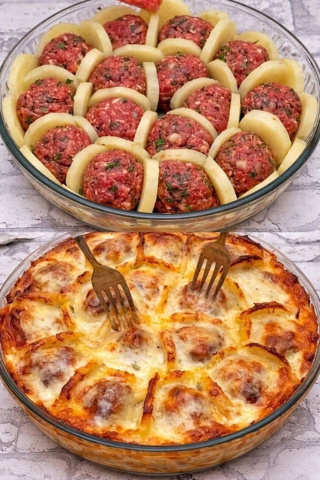 Potato Meatball Casserole with juicy meatballs, sliced potatoes, creamy cheese sauce, mozzarella, and Parmesan