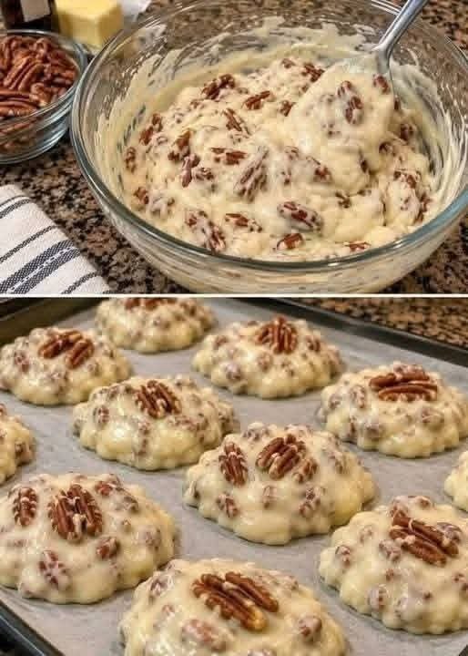 Christmas Cookies with cream cheese, butter, chopped pecans, vanilla, and pecan halves on top