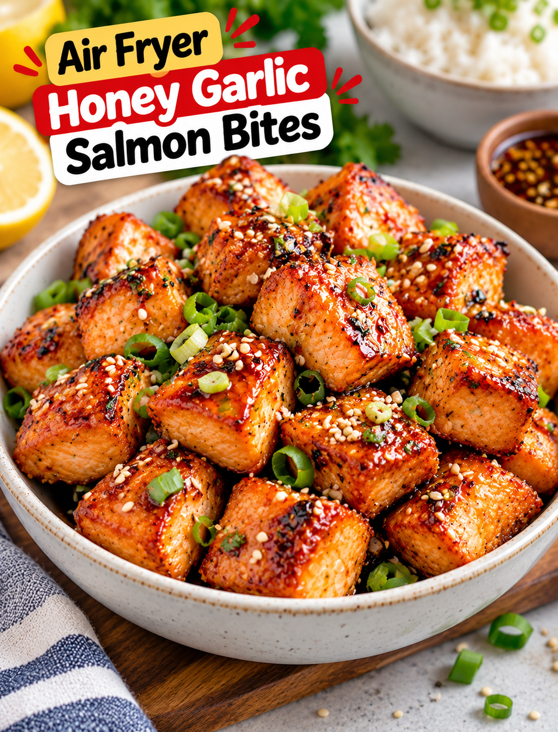 Air Fryer Honey Garlic Glazed Salmon Bites topped with green onions and sesame seeds