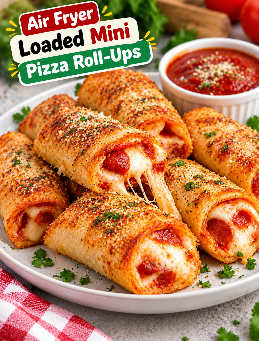 Crispy air fryer loaded mini pizza roll-ups filled with melted mozzarella, pepperoni, and pizza sauce