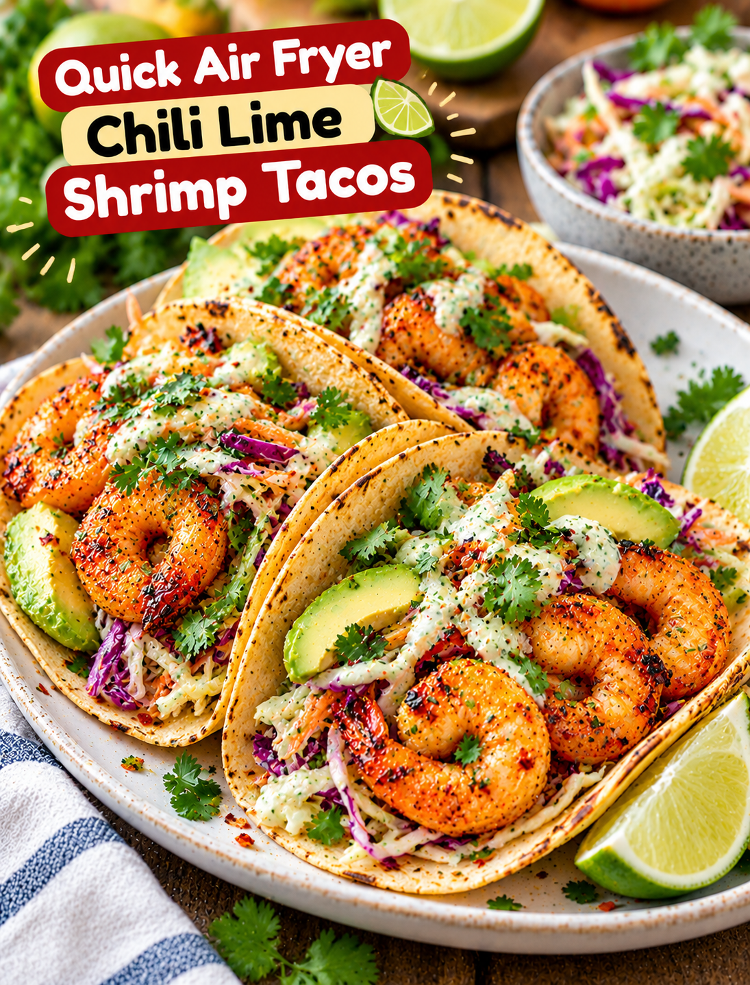 Air fryer chili lime shrimp tacos topped with crunchy purple cabbage cilantro slaw, fresh avocado, lime wedges, and creamy dressing.